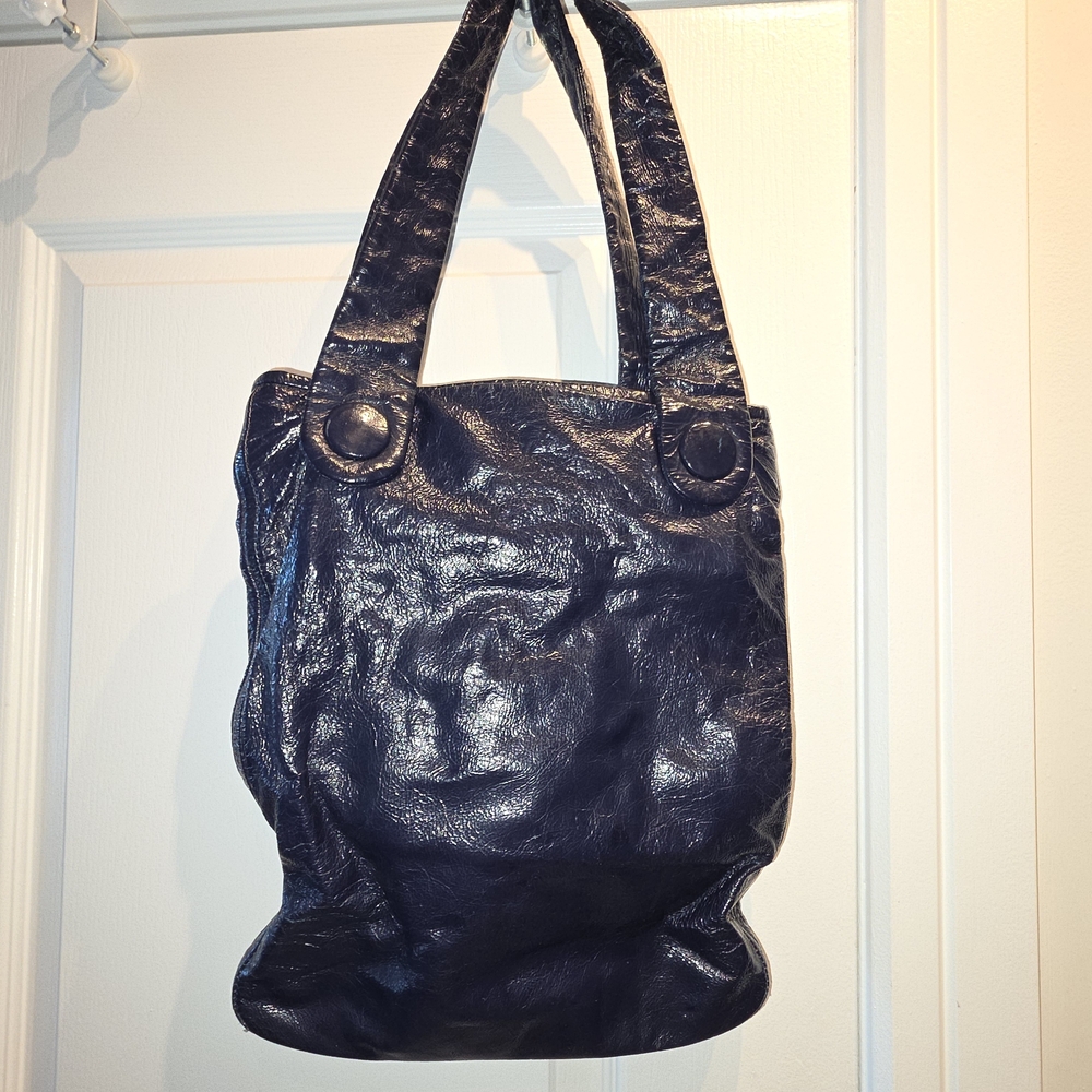 Marc Jacobs Totally Turnlock Navy Crinkle Leather Flat Tote Shoulder Bag - Picture 6 of 6